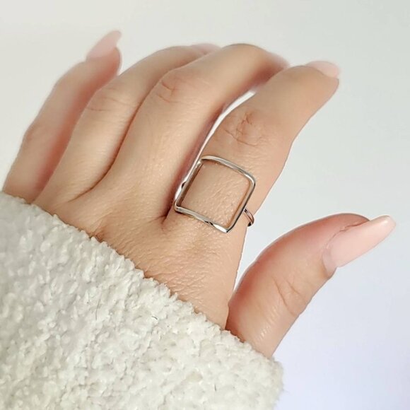 Sterling Silver Square Ring, Open Square Ring, Large Square Ring, Stack Ring, - Picture 6 of 8